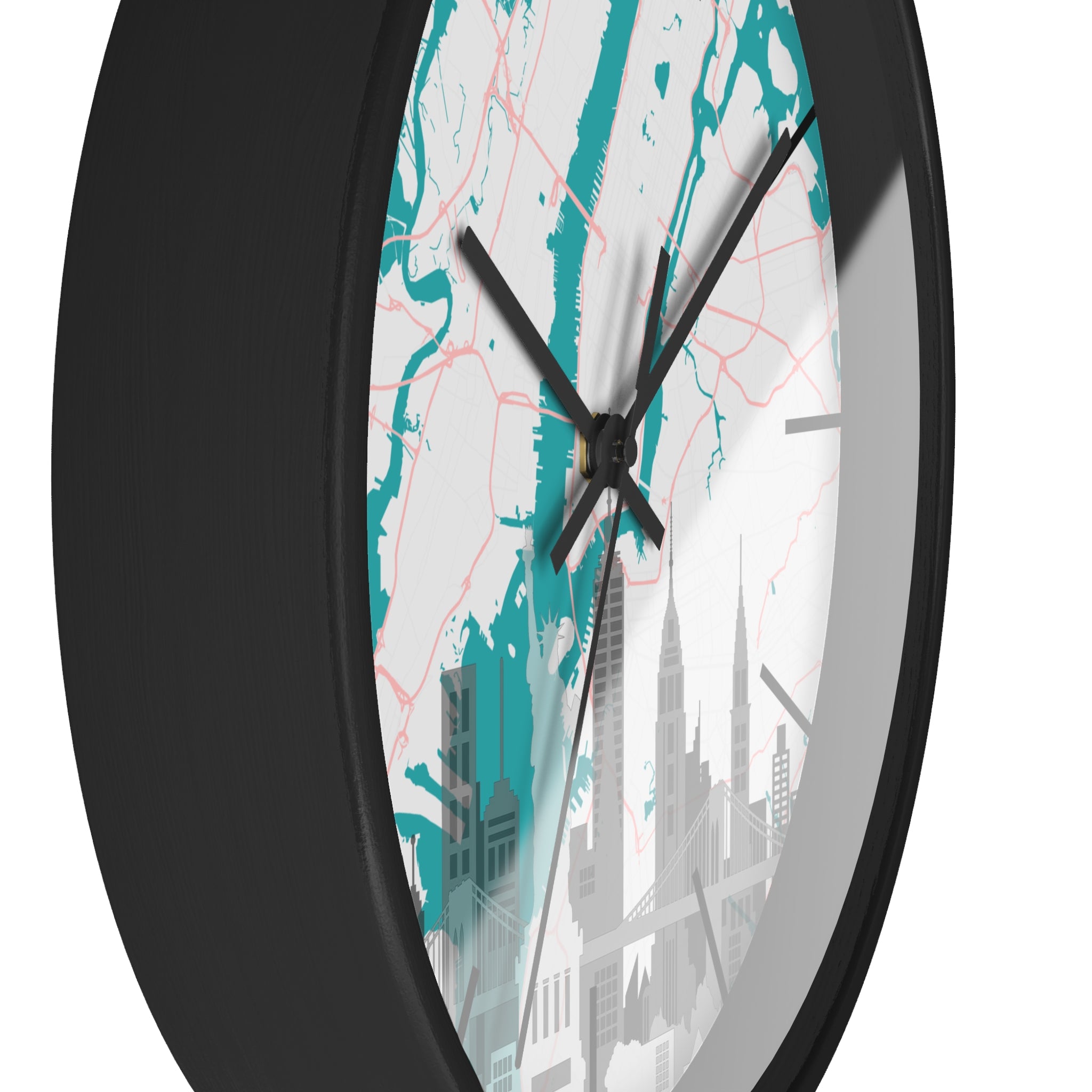 Teal river city map wall clock with black hands, black frame close-up