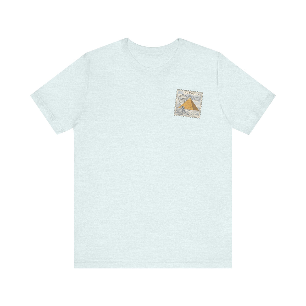 Light blue graphic tee with small chest Egypt pyramid and sphinx design
