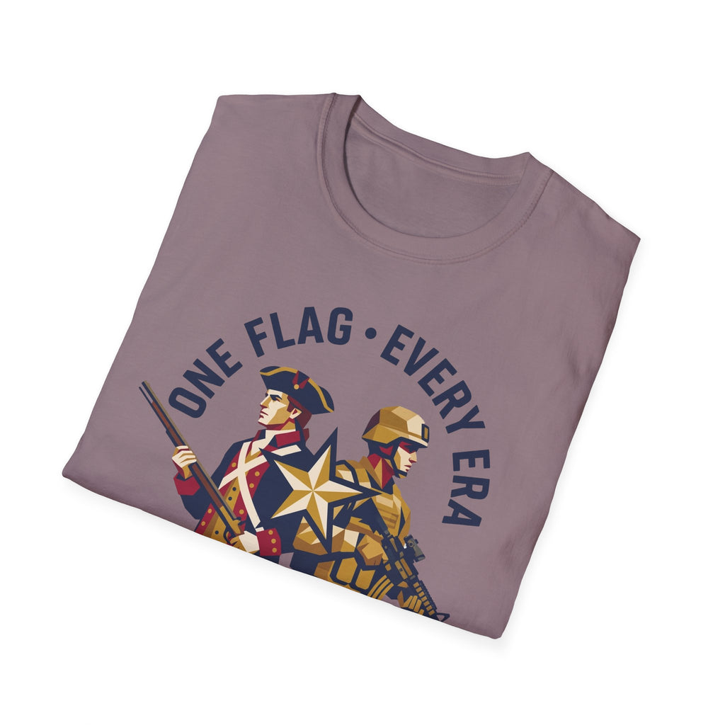 Mauve military graphic t-shirt with soldiers and "ONE FLAG EVERY ERA" text