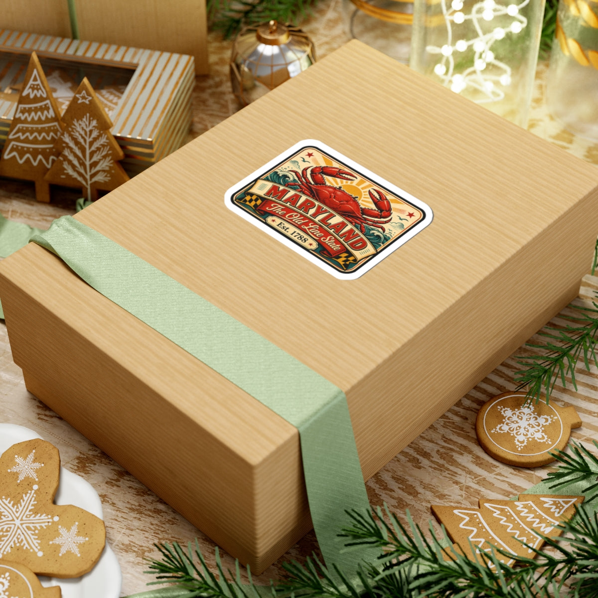 Maryland crab decal sticker on wrapped gift box lid with green ribbon and decor