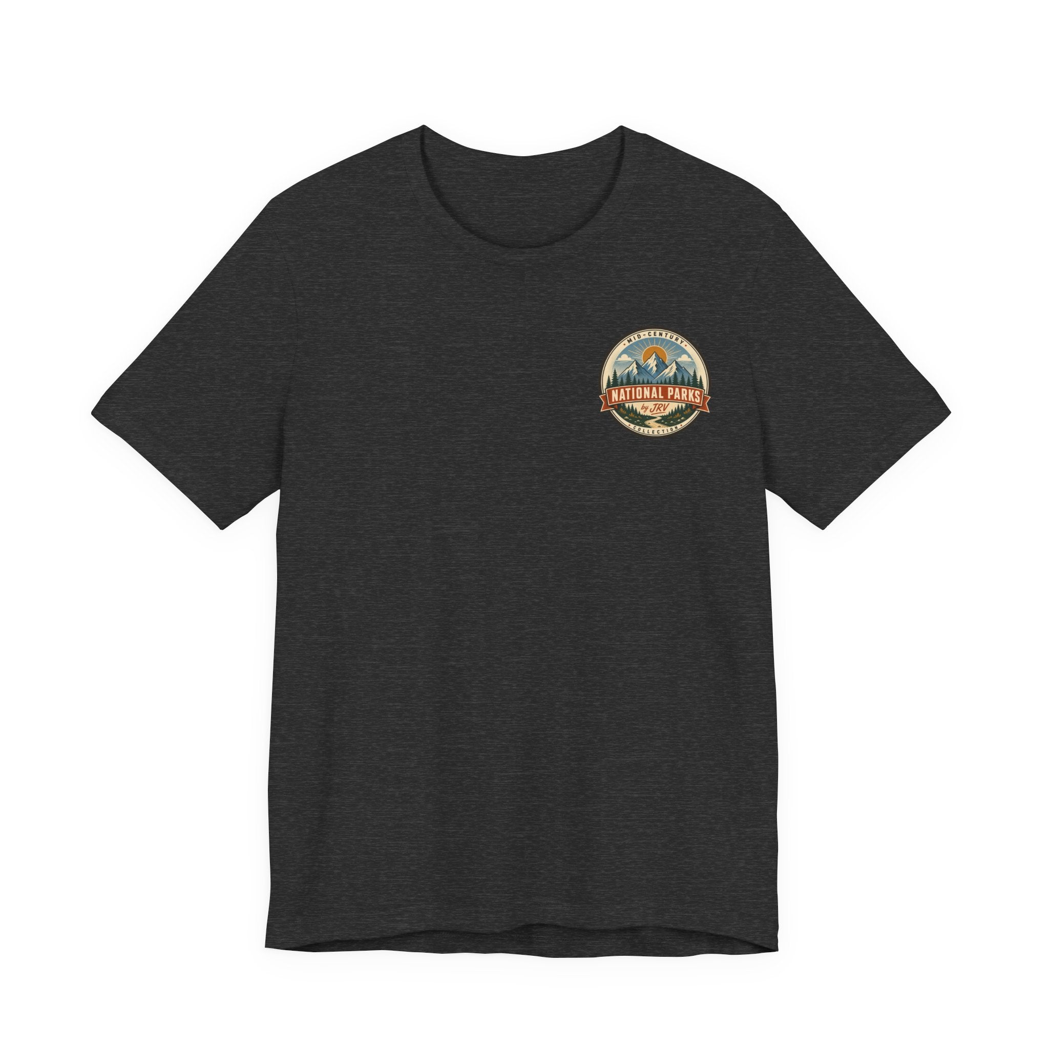 Dark gray Yosemite national park t-shirt with circular retro emblem chest graphic.