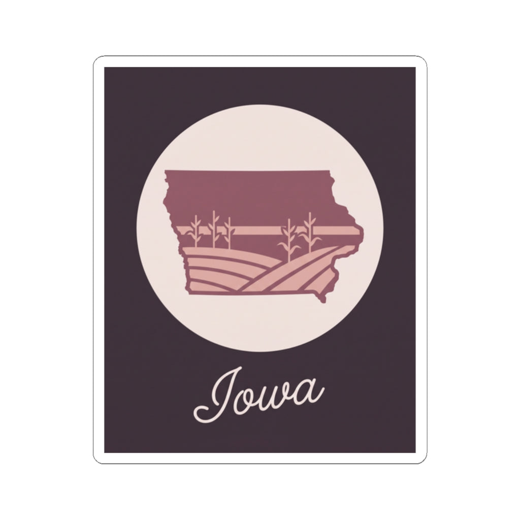 Mauve Iowa state silhouette vinyl decal featuring “Iowa” script in a pale circle with white square edge