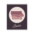 Mauve Iowa state silhouette vinyl decal featuring “Iowa” script in a pale circle with white square edge