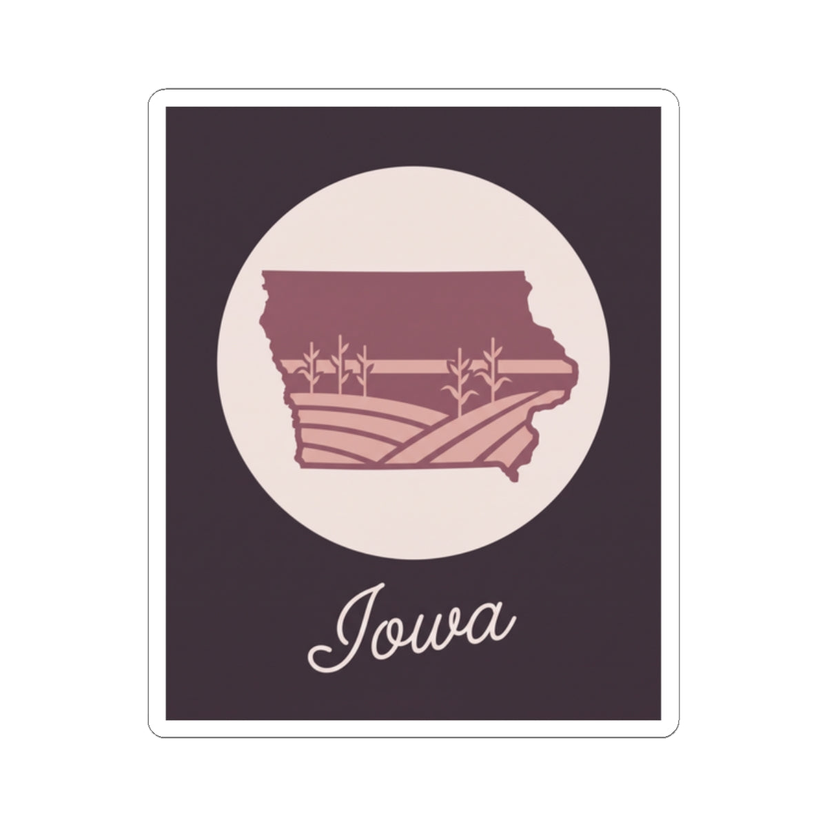 Mauve Iowa state silhouette vinyl decal featuring “Iowa” script in a pale circle with white square edge