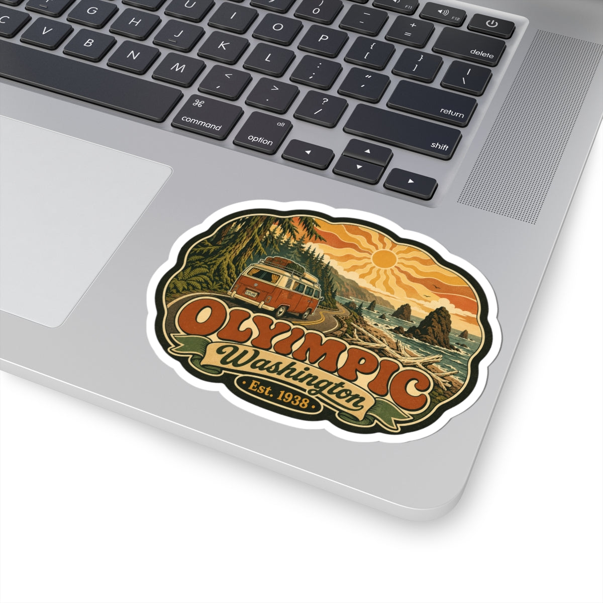 Die-cut sticker with white border: vintage camper van in landscape, “Olympic Washington”, Est. 1938