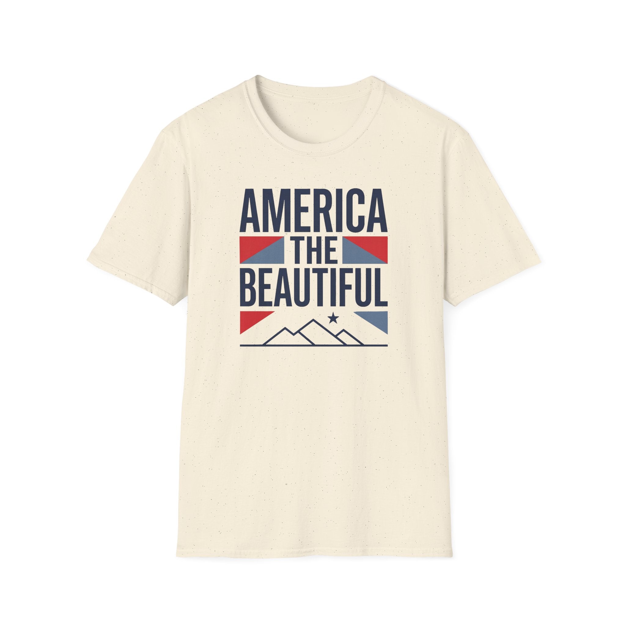 Cream crewneck t-shirt with “AMERICA THE BEAUTIFUL” front graphic and flag.