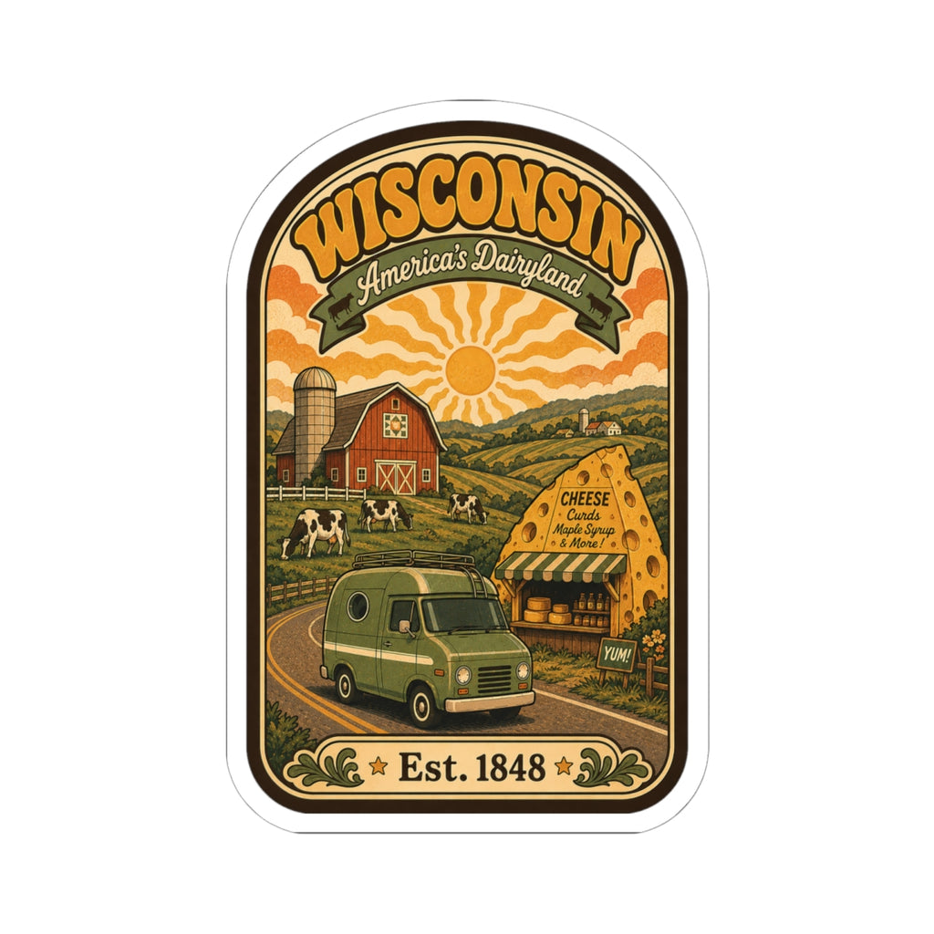 Kiss-cut sticker showing Wisconsin Dairyland artwork: farm buildings, truck, cheese text, Est. 1848.