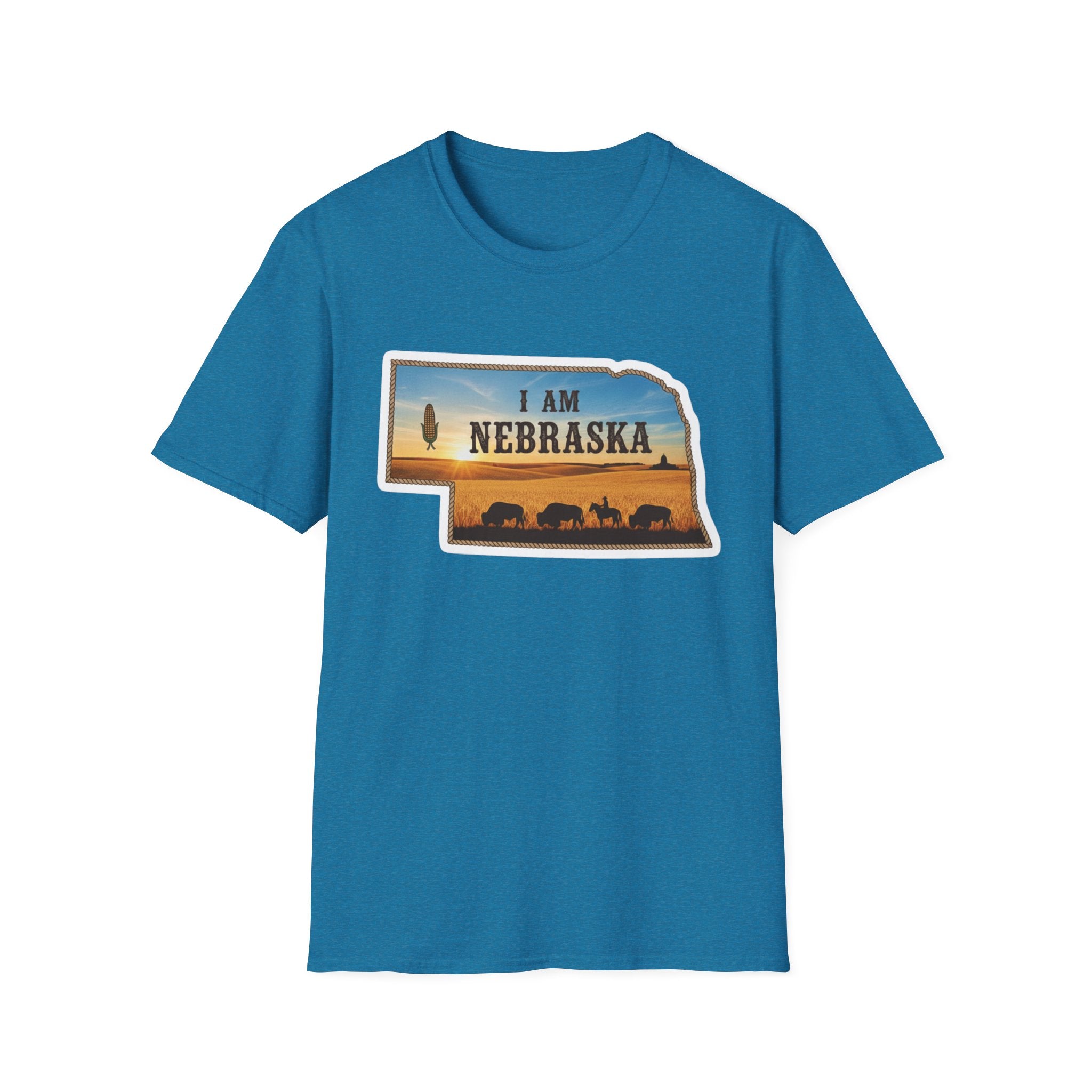 T-Shirt i am Nebraska, türkisblau; Frontprint der Nebraska-Silhouette mit Kühen