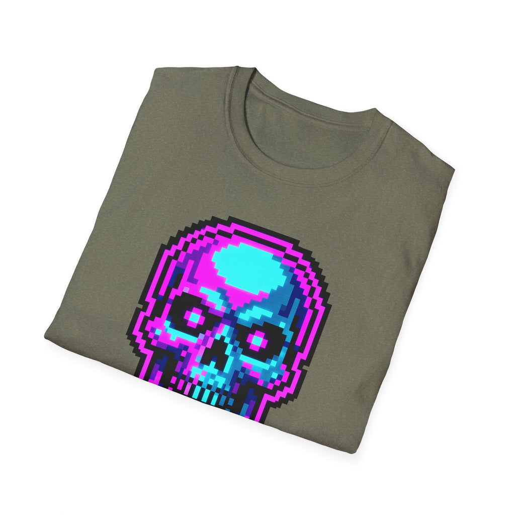 Pixel skull Game Over t-shirt in dark heather with neon 8-bit skeleton graphic