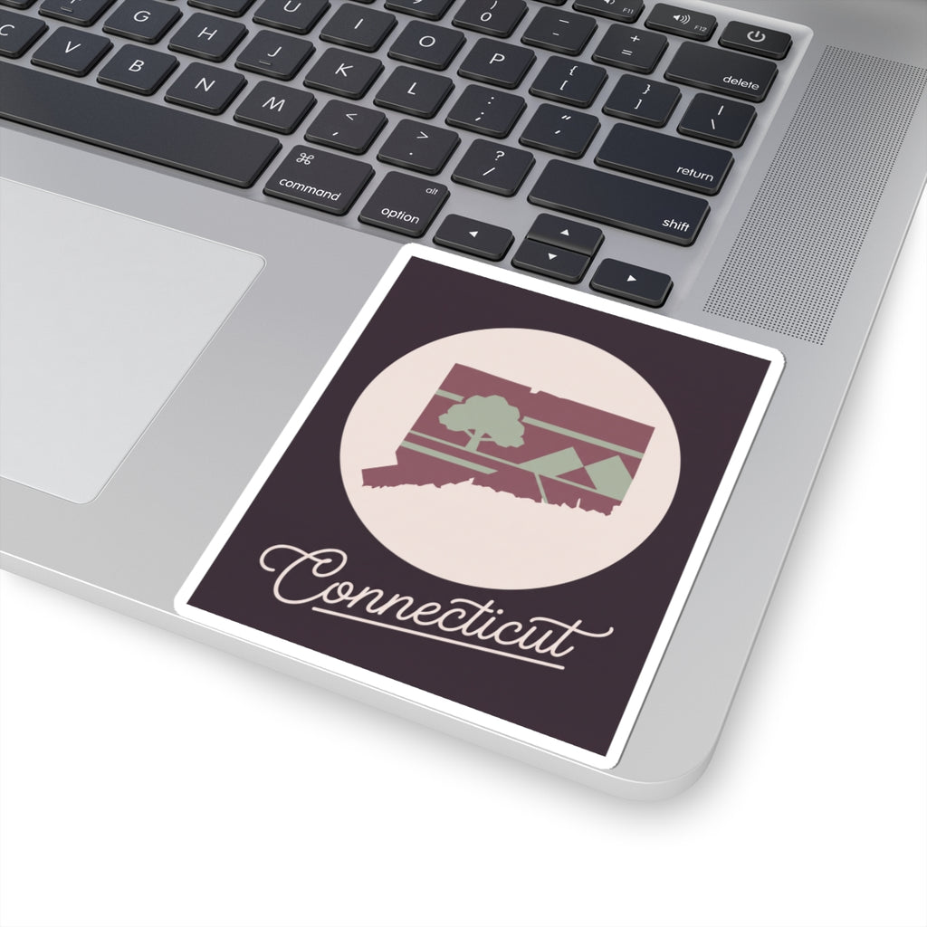 Maroon Connecticut silhouette sticker with circular badge and script 'Connecticut' lettering