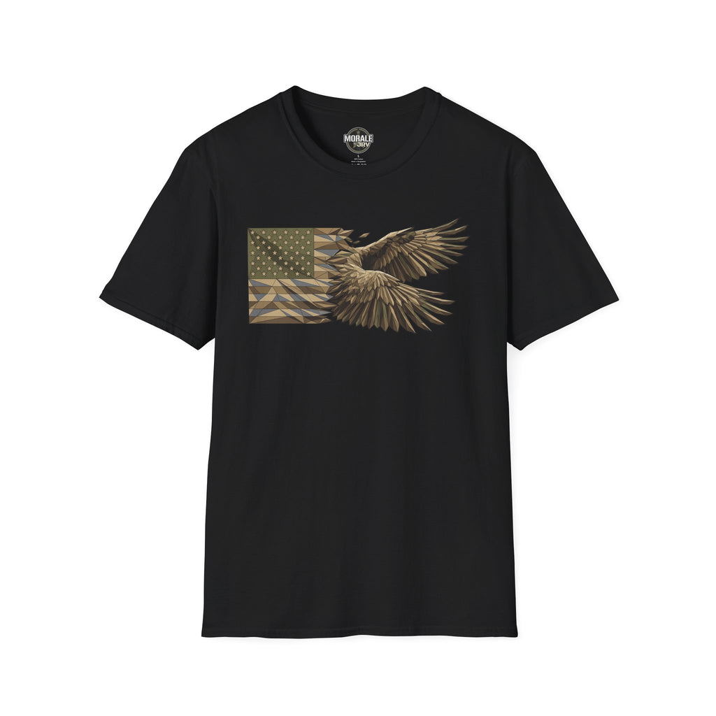 Patriotic camouflage T-shirt in black with soaring bald eagle and American flag graphic