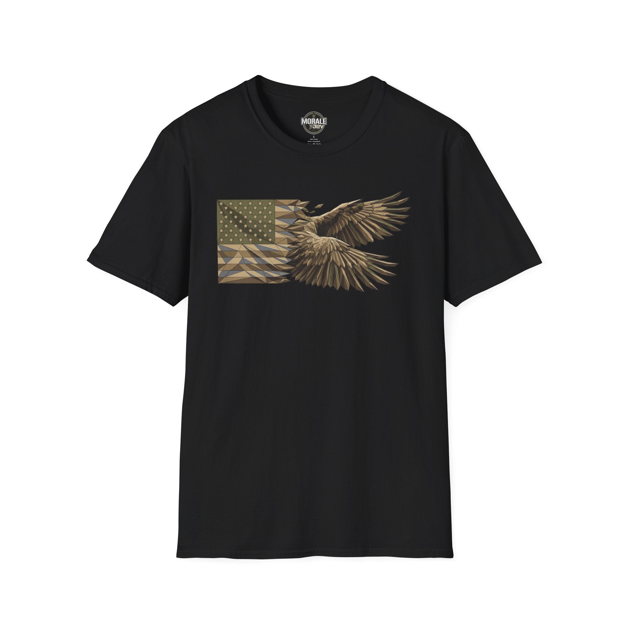 Patriotic camouflage T-shirt in black with soaring bald eagle and American flag graphic