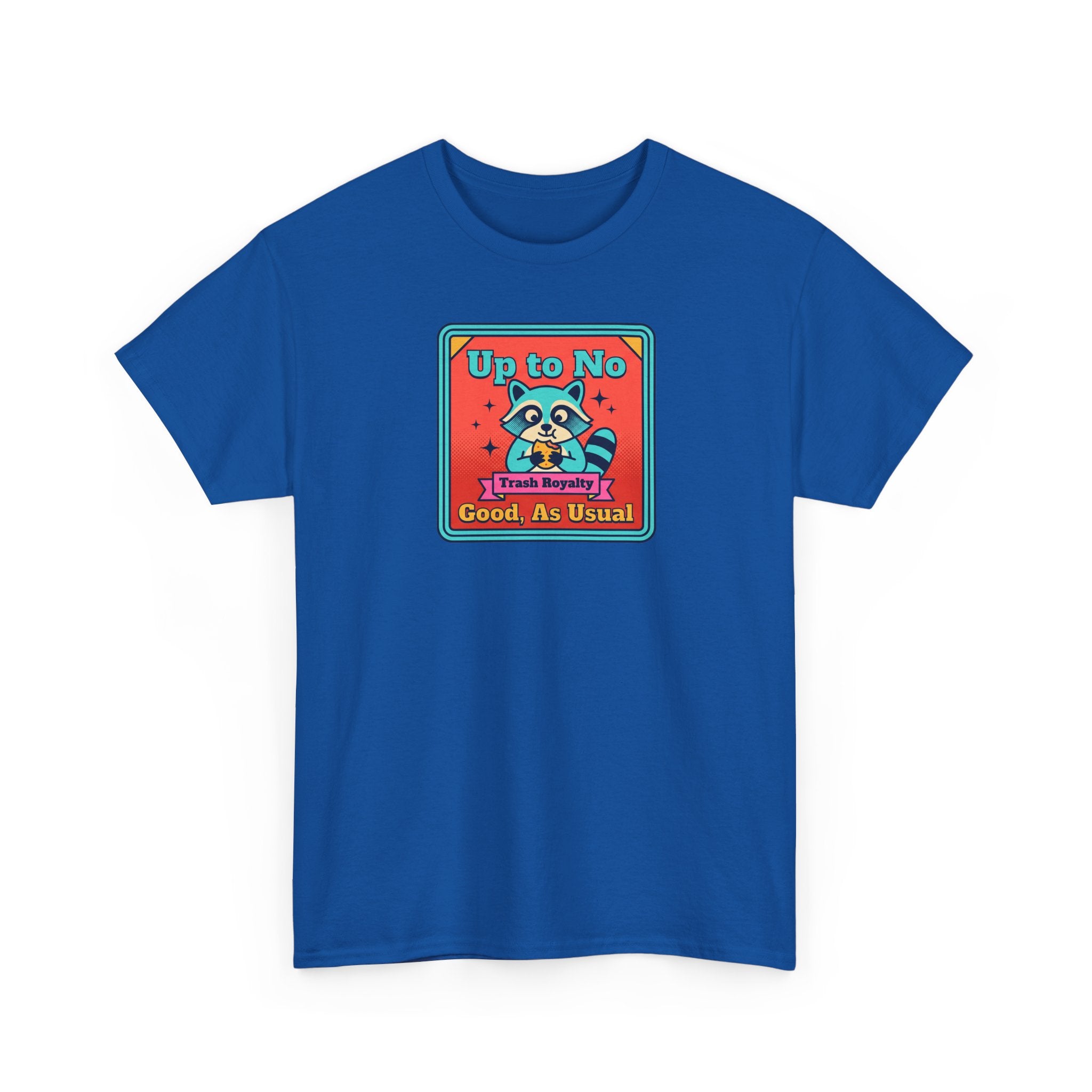Royal blue T-shirt with raccoon graphic and “Good As Usual” text.