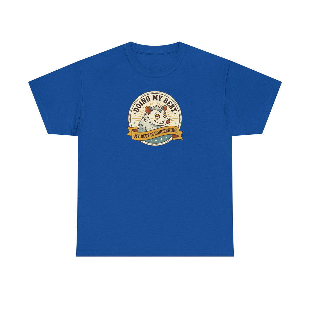 Royal blue sloth graphic T-shirt with round badge-style front print