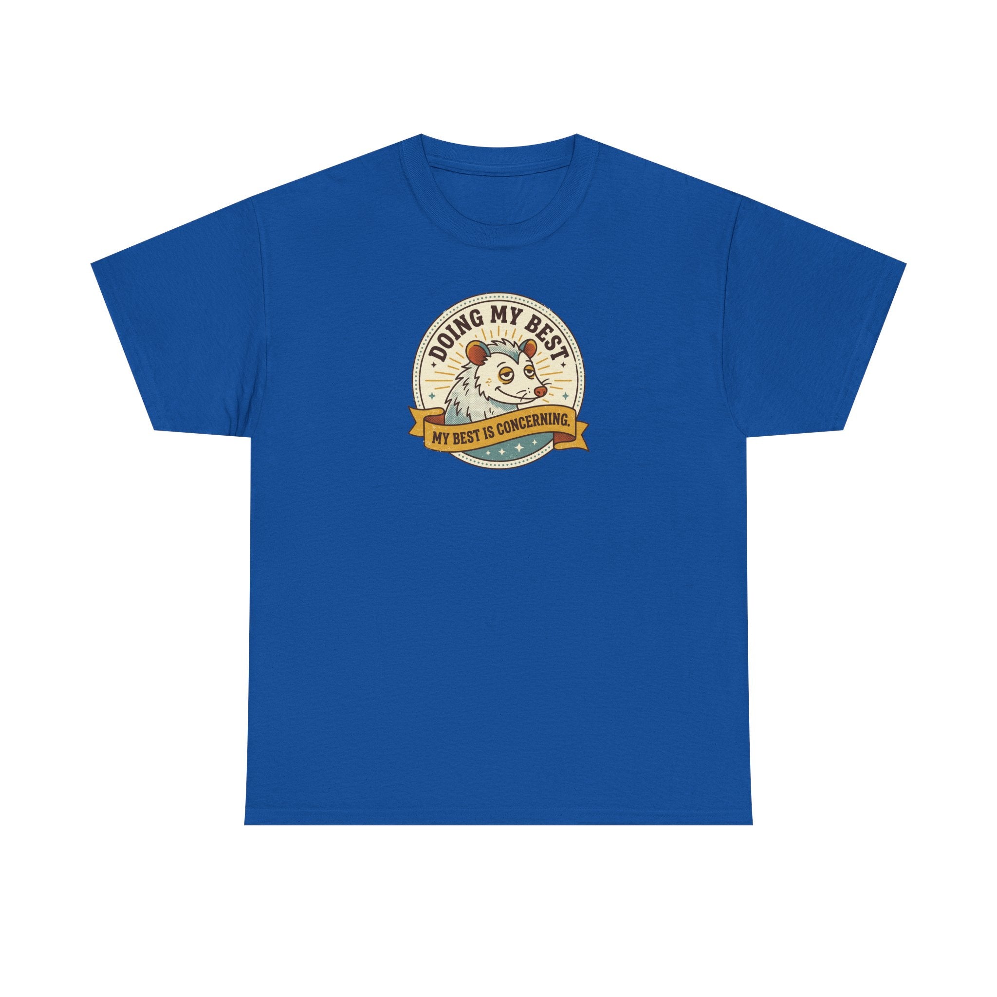 Royal blue sloth graphic T-shirt with round badge-style front print
