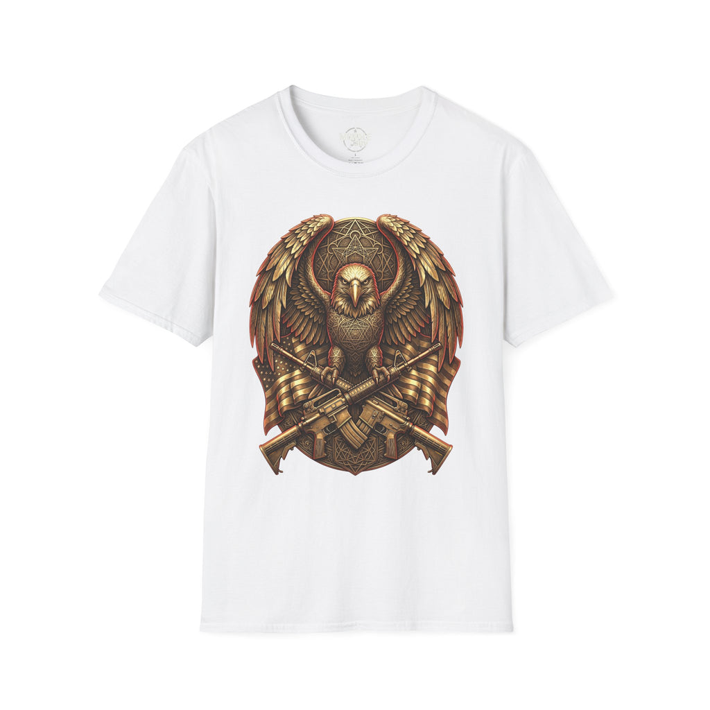 White T-shirt with warrior owl shield emblem and crossed axes graphic