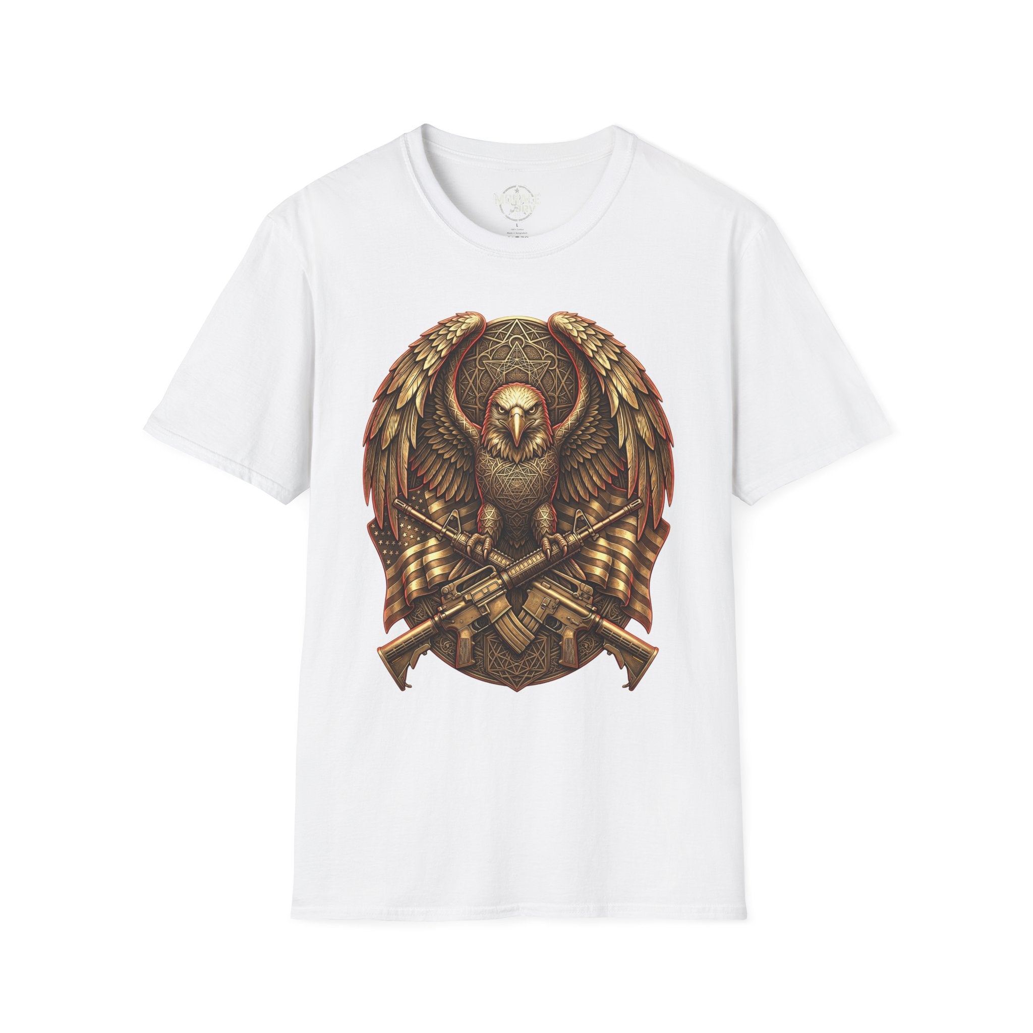 White T-shirt with warrior owl shield emblem and crossed axes graphic