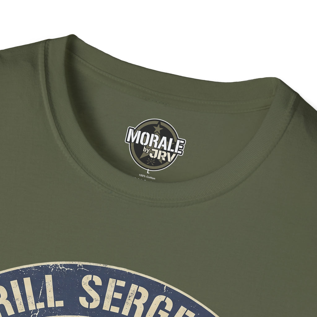 Olive green crew-neck T-shirt neckline with small circular logo patch