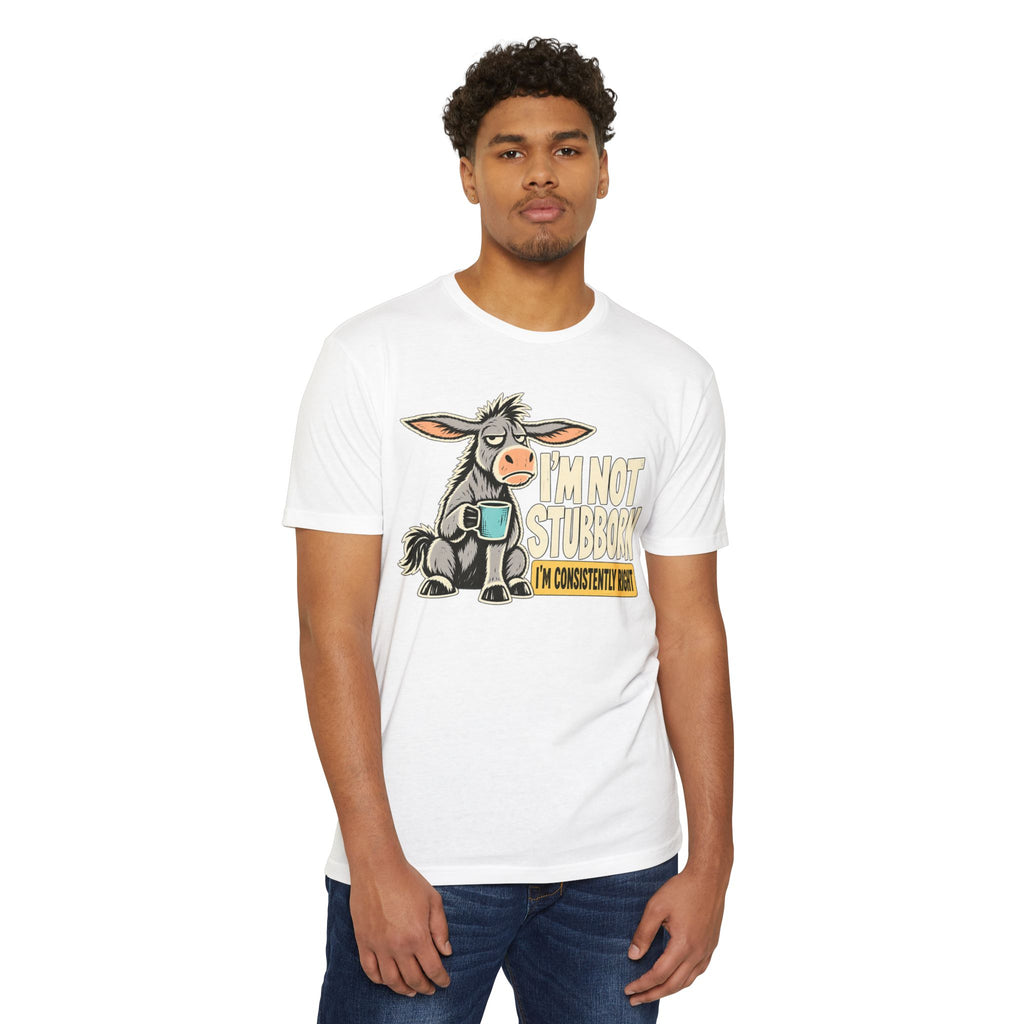 White graphic T-shirt with stubborn donkey cartoon and text on front