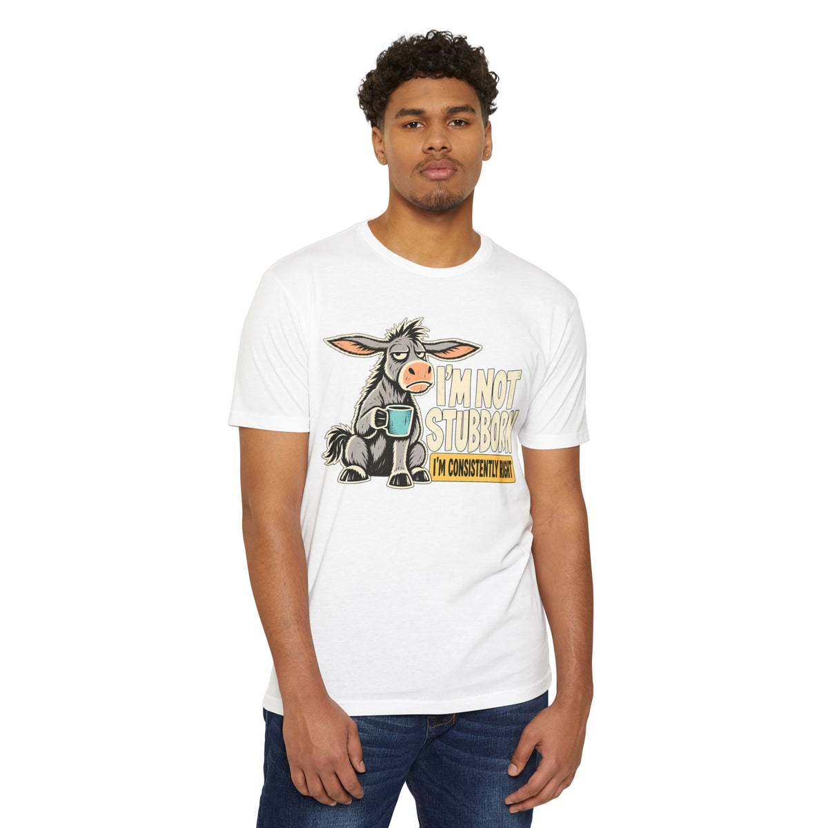 White graphic T-shirt with stubborn donkey cartoon and text on front