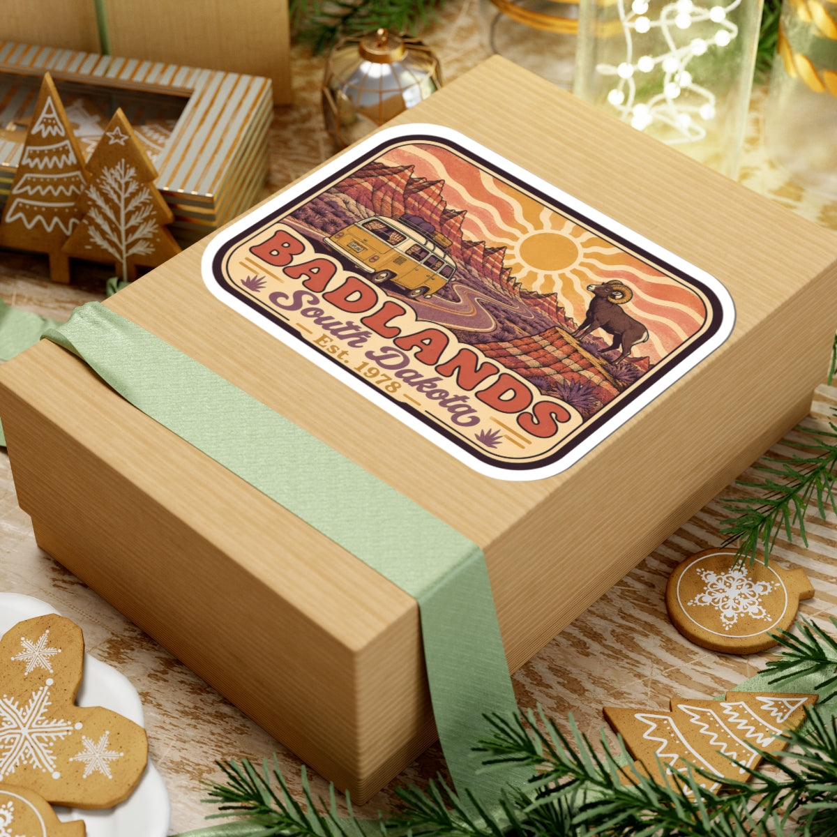 Kiss-cut sticker on gift box: vintage camper van, bighorn sheep, Badlands South Dakota text