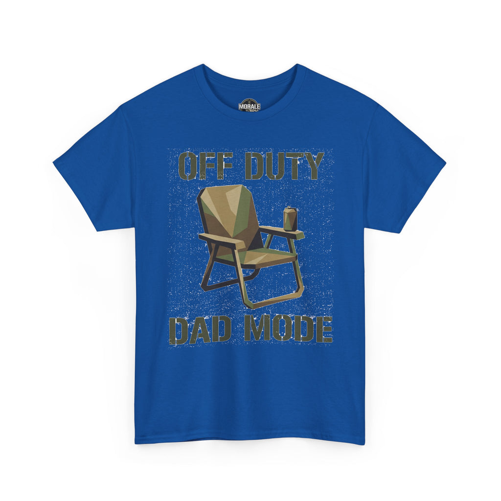 Men's royal blue T-shirt with “Off Duty Dad Mode” chair graphic on front.