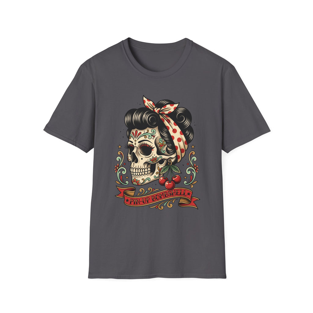 Sugar Skull Pinup T-Shirt in charcoal gray with colorful sugar skull pinup design