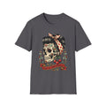 Sugar Skull Pinup T-Shirt in charcoal gray with colorful sugar skull pinup design