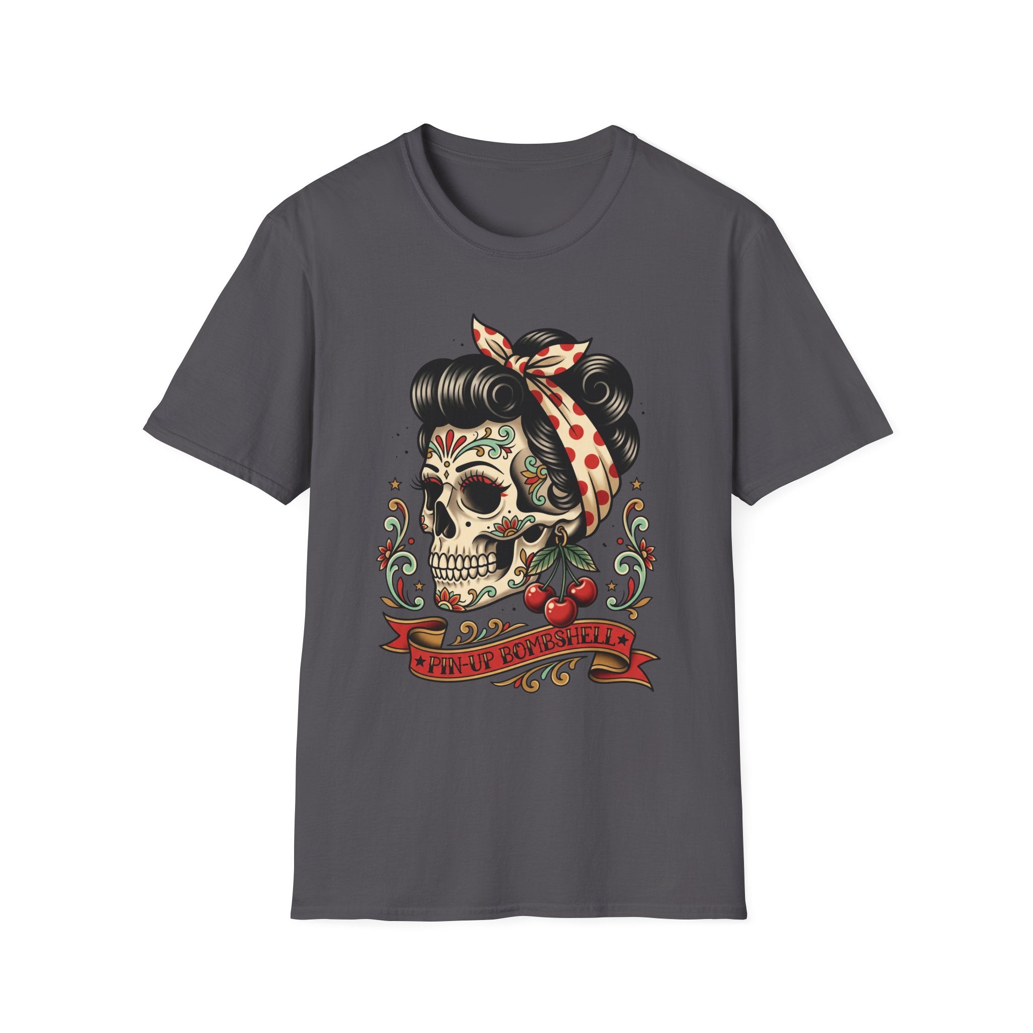 Sugar Skull Pinup T-Shirt in charcoal gray with colorful sugar skull pinup design
