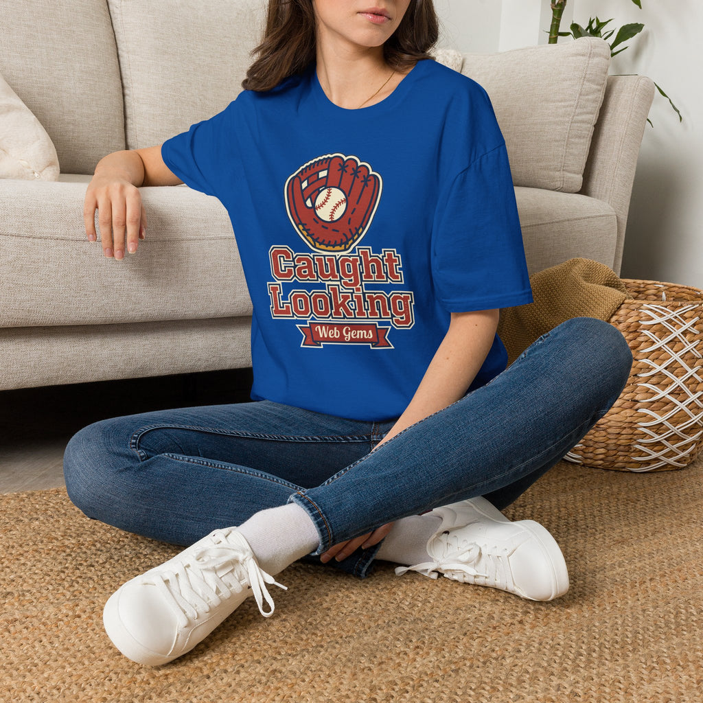 Royal blue baseball T-shirt with vintage glove “Caught Looking” graphic