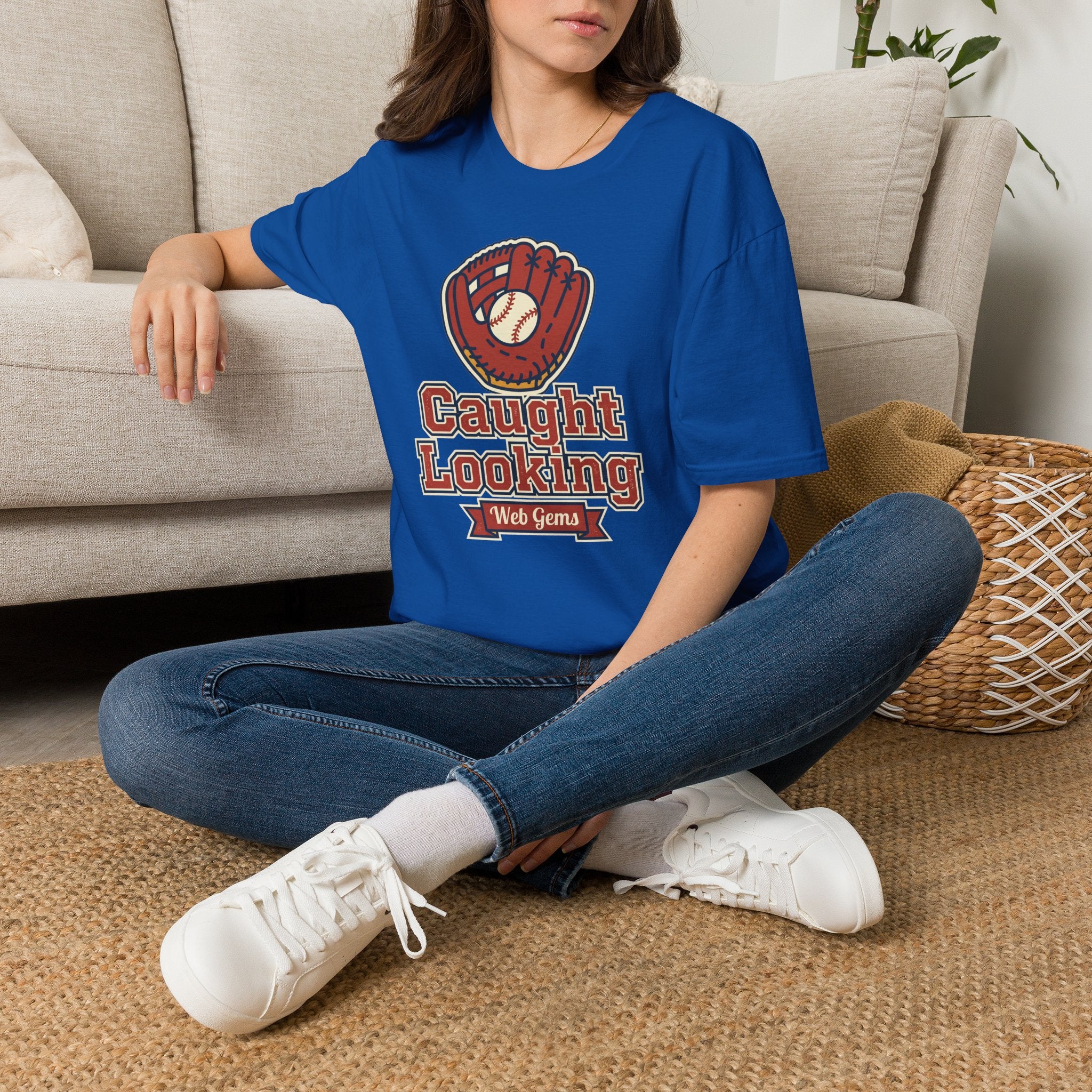 Royal blue baseball T-shirt with vintage glove “Caught Looking” graphic