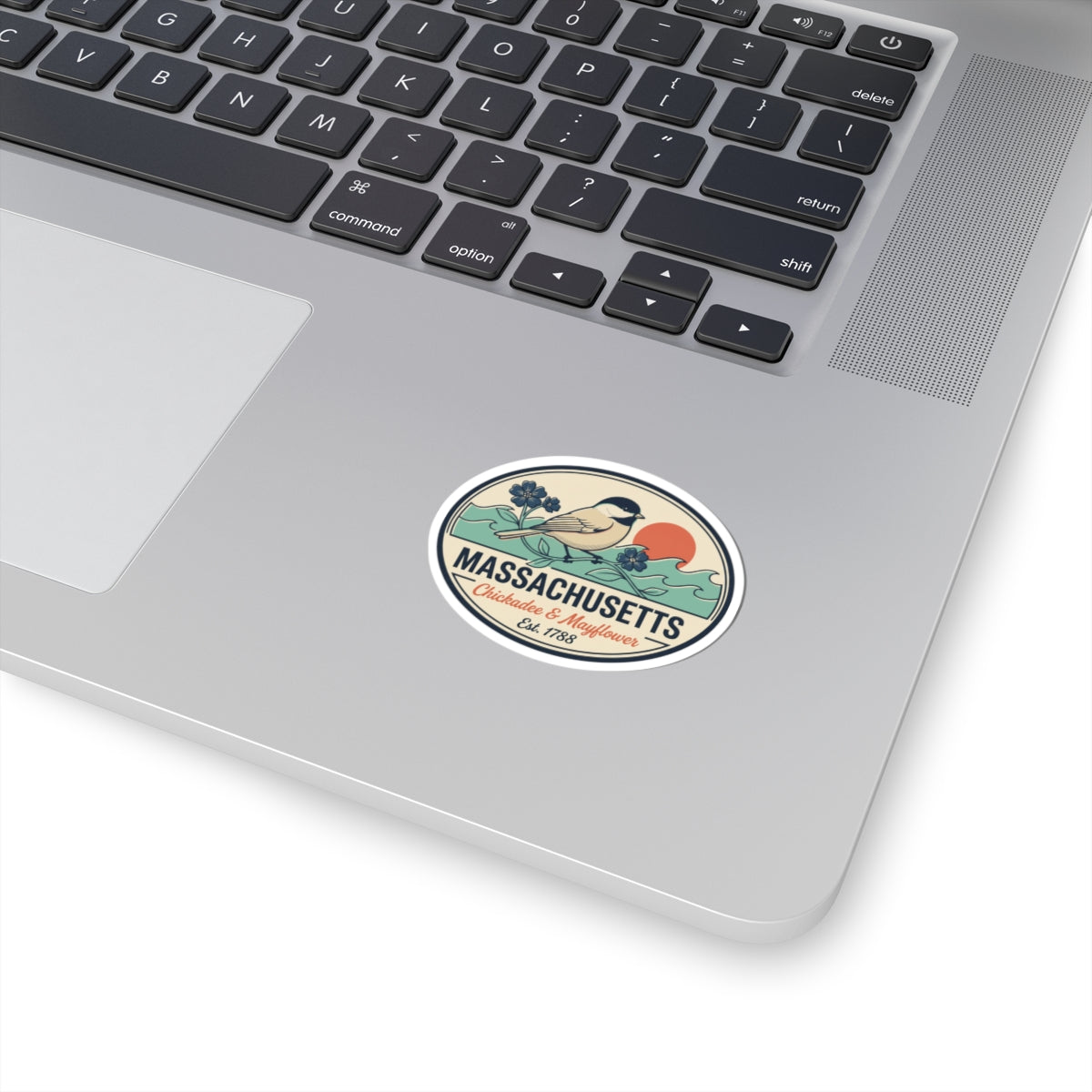 Oval vinyl state badge sticker with vintage Massachusetts artwork and blue bird illustration