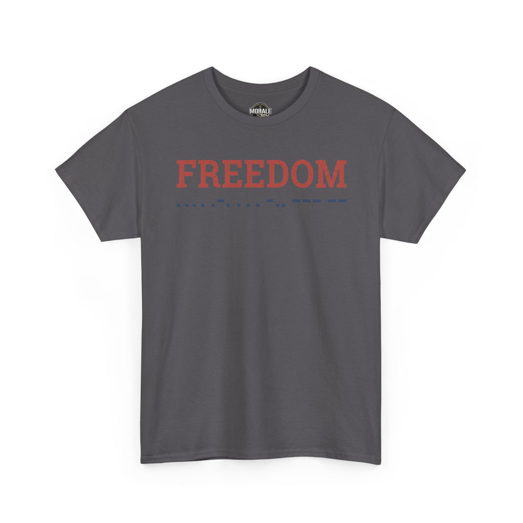 Charcoal T-shirt with red “FREEDOM” text and blue Morse code-style line graphic.