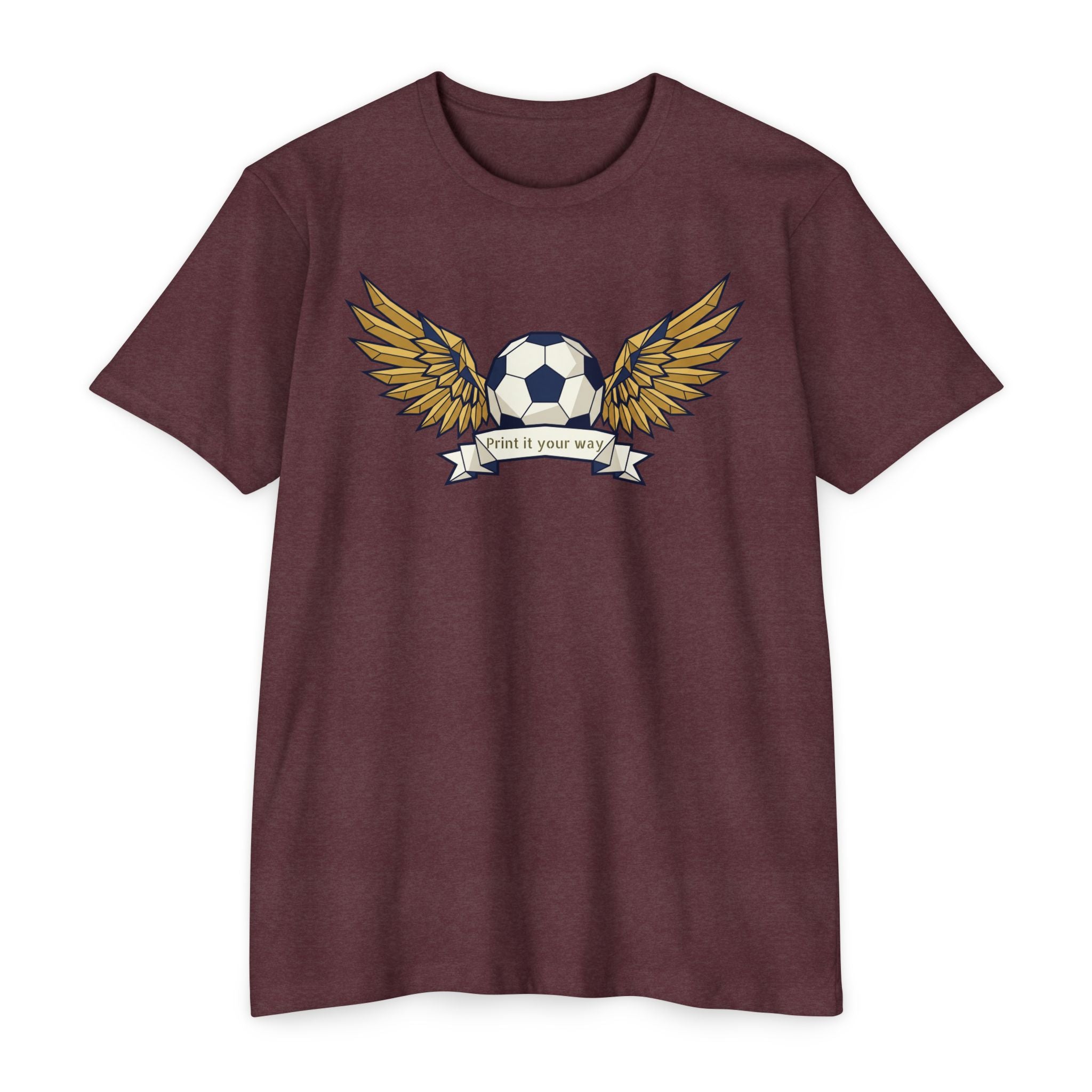 Unisex soccer t-shirt in dark maroon with winged soccer ball front print.