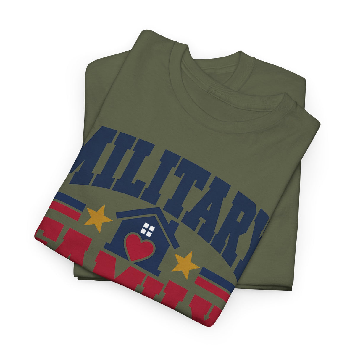 Unisex crewneck T-shirt, military green, patriotic home graphic with stars and heart