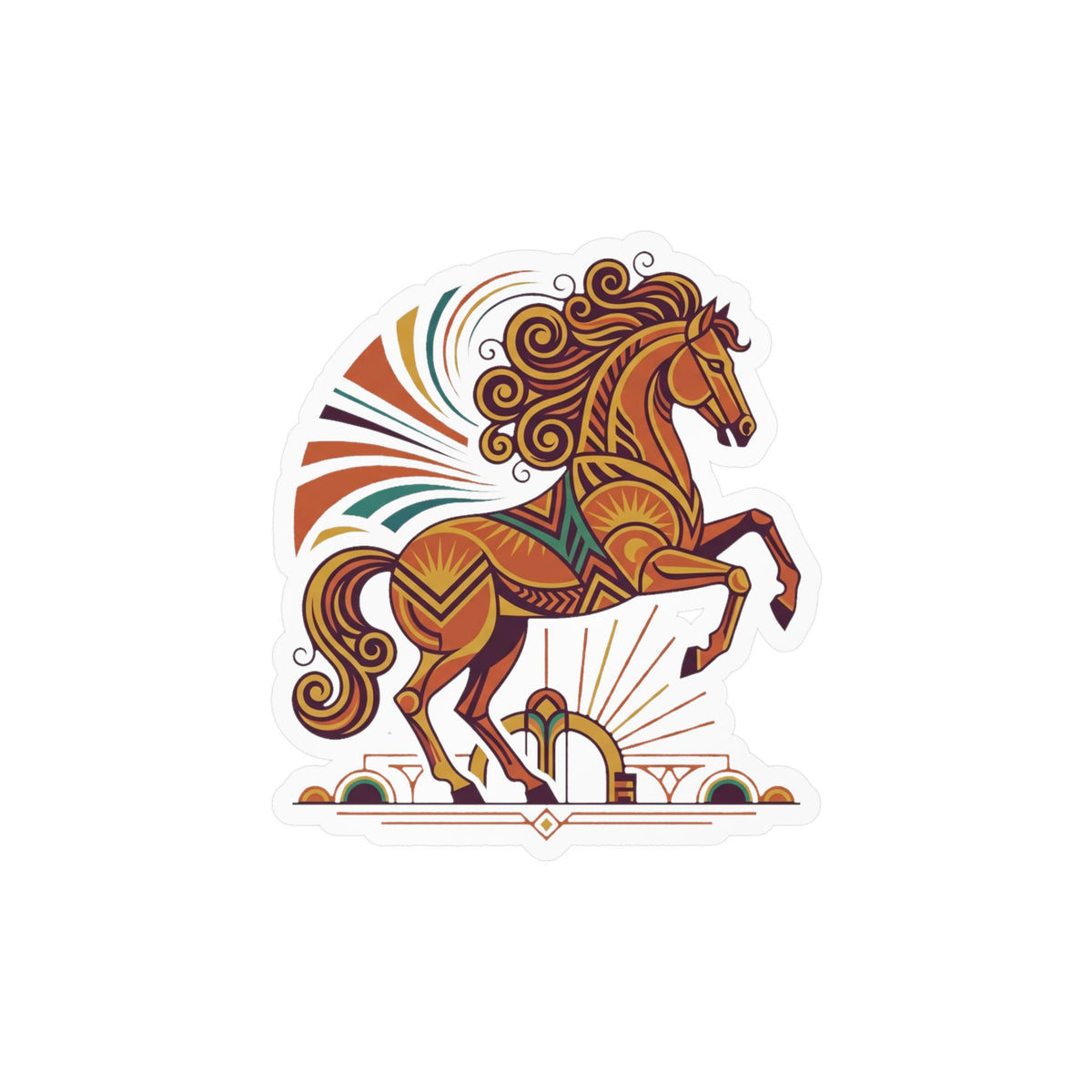 Art deco horse vinyl decal in orange, gold, and green with white backing