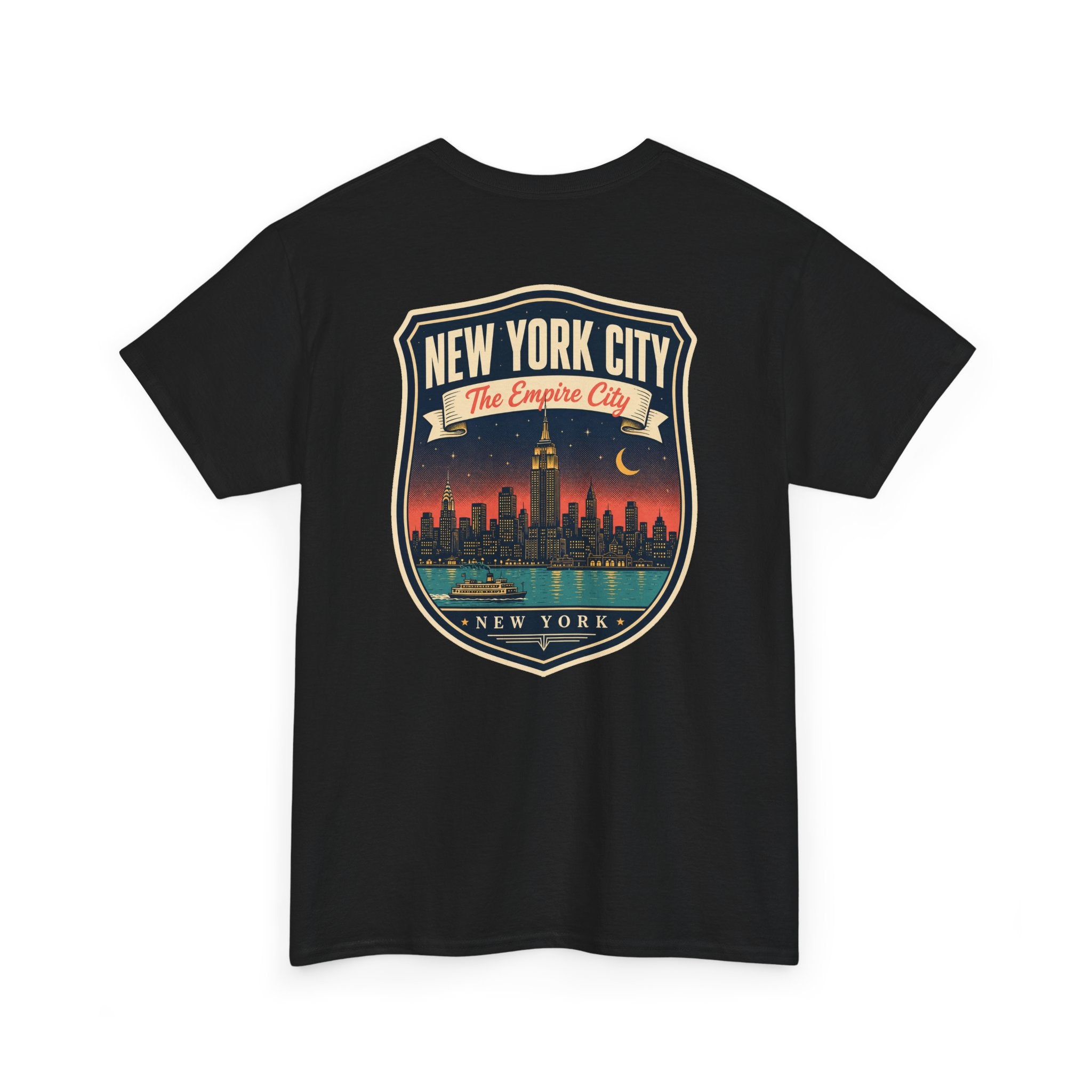 Black T-shirt with New York City skyline badge graphic