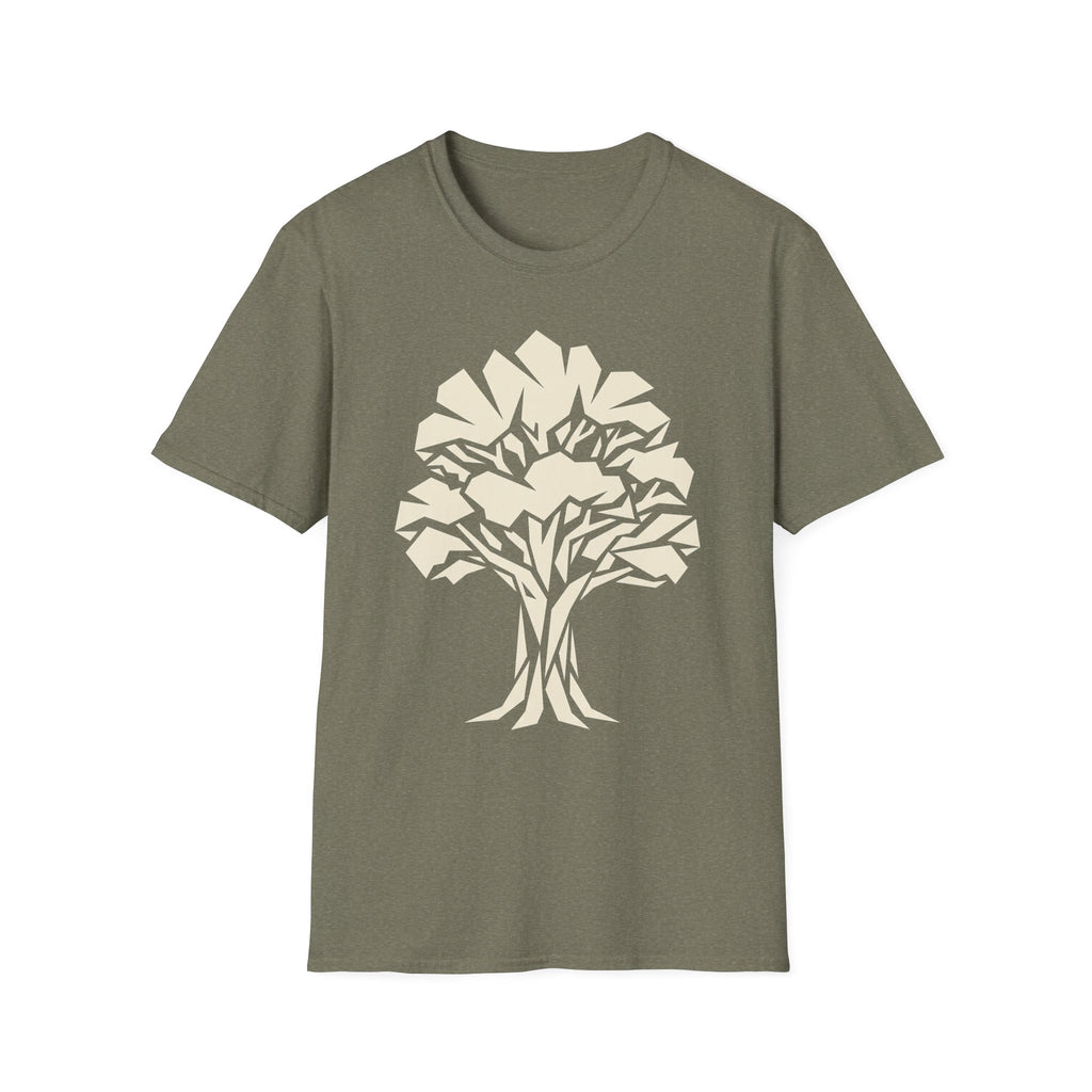 Olive green t-shirt with light-colored geometric tree silhouette graphic on the front