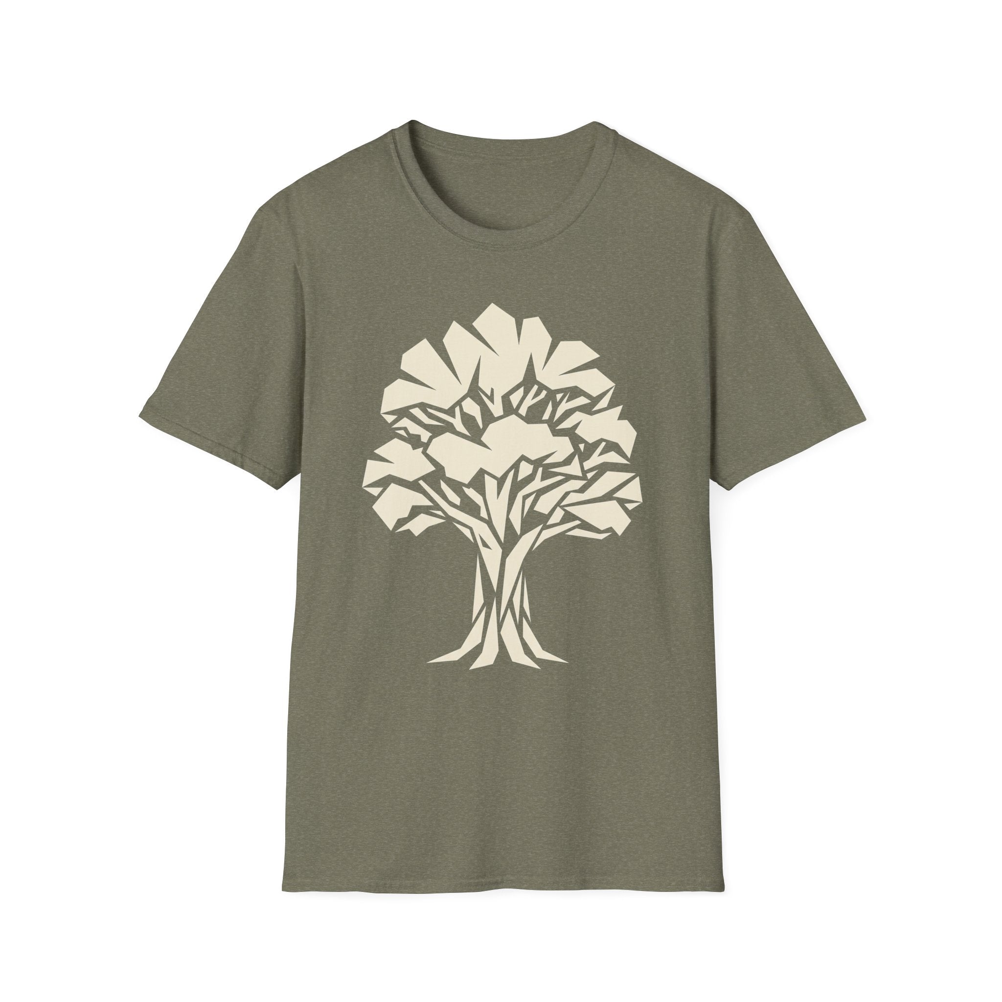 Olive green t-shirt with light-colored geometric tree silhouette graphic on the front