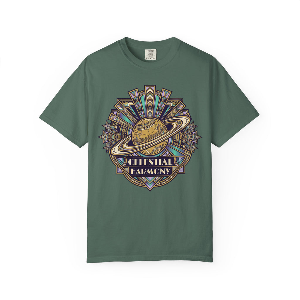Deep green crewneck T-shirt with Saturn-like celestial graphic on the chest