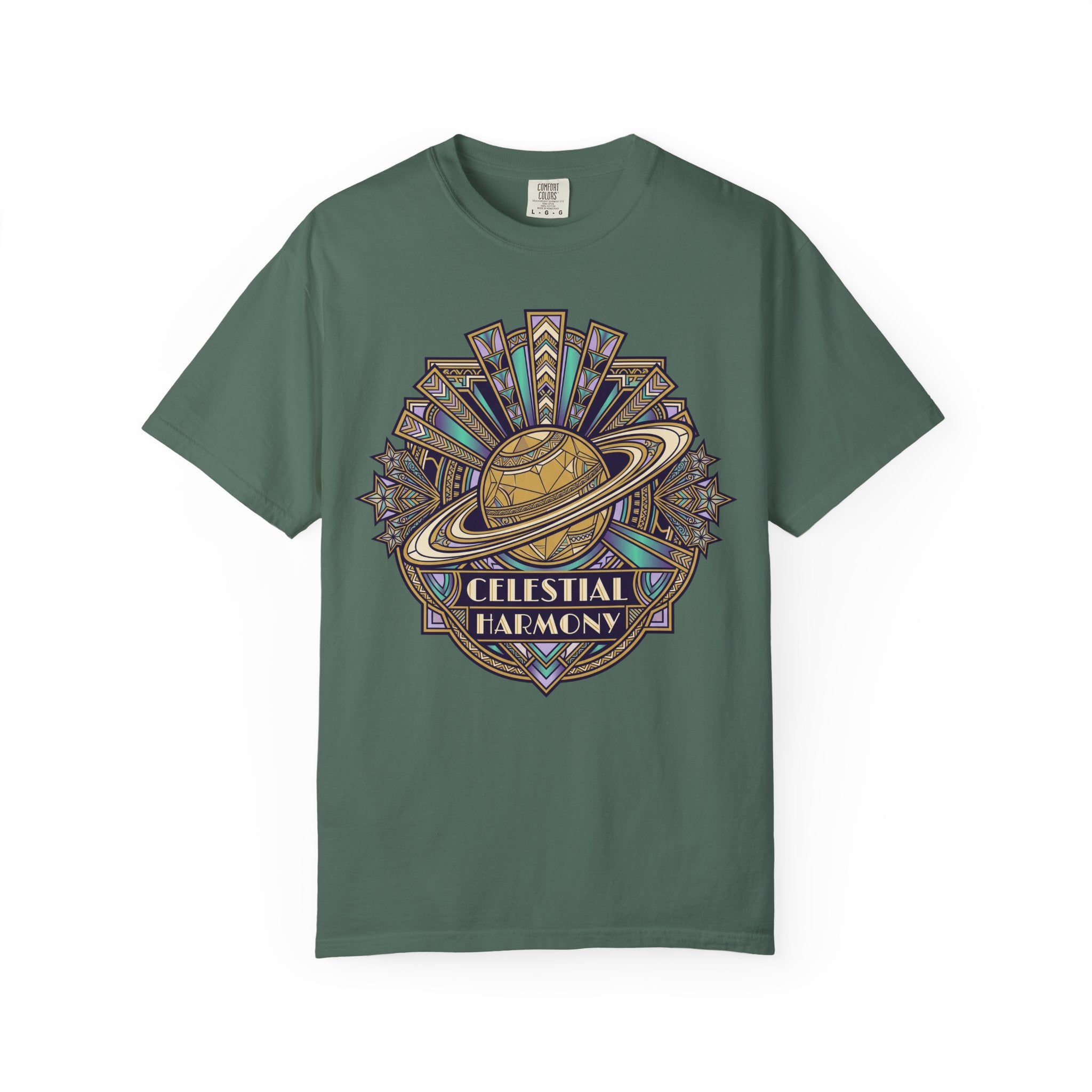 Deep green crewneck T-shirt with Saturn-like celestial graphic on the chest