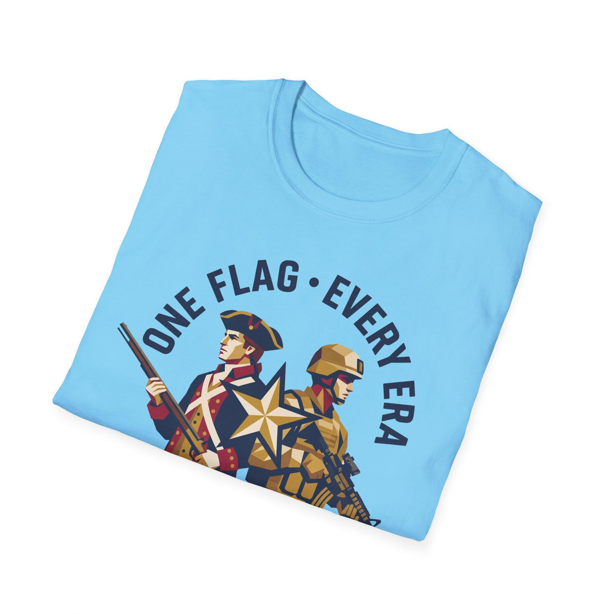 Sky blue military graphic t-shirt with two soldiers and "ONE FLAG EVERY ERA" text