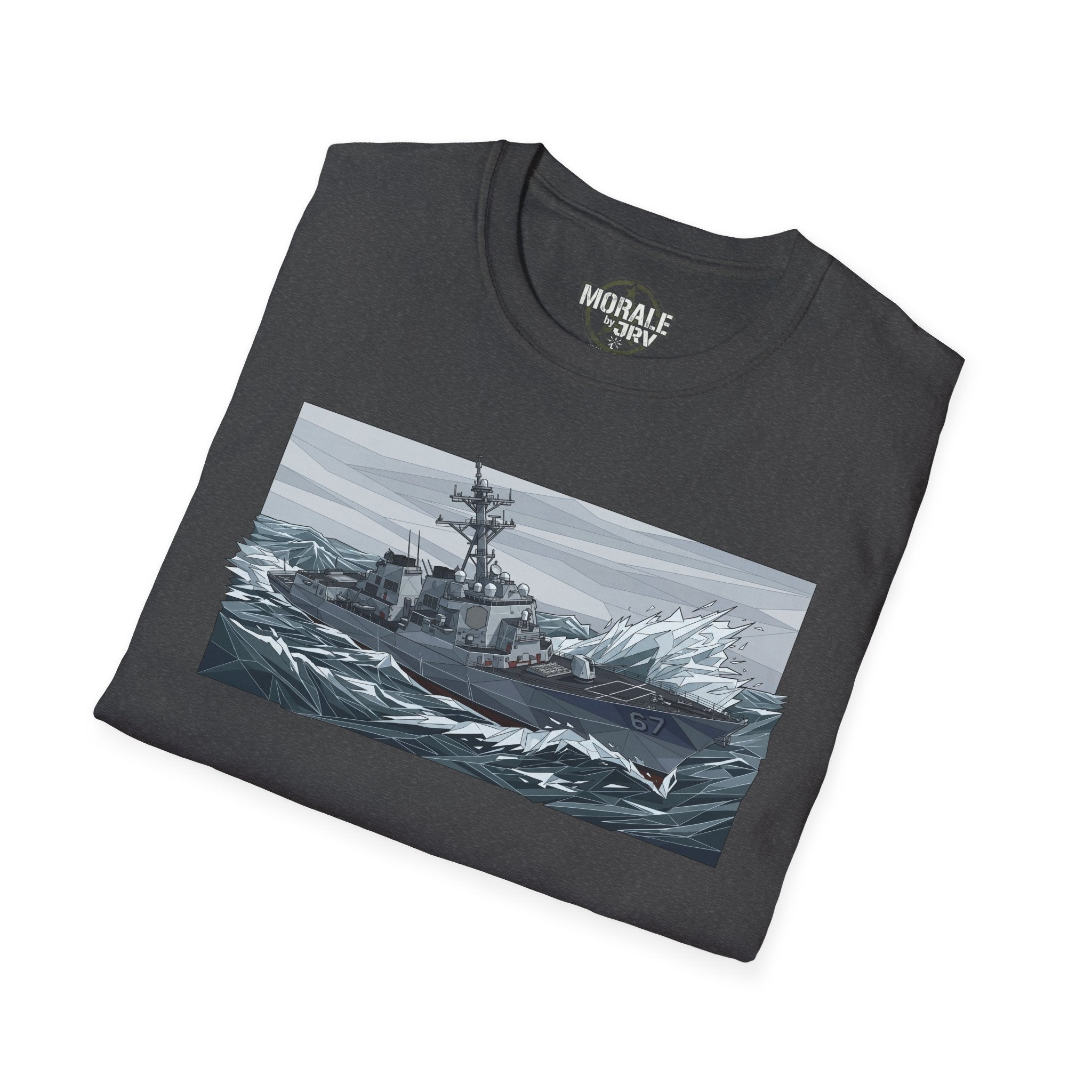 Dark heather T-shirt with battleship graphic on front
