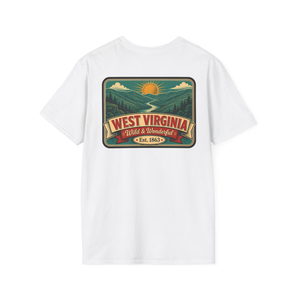 White West Virginia “Wild & Wonderful” graphic t-shirt, Est. 1863 badge.