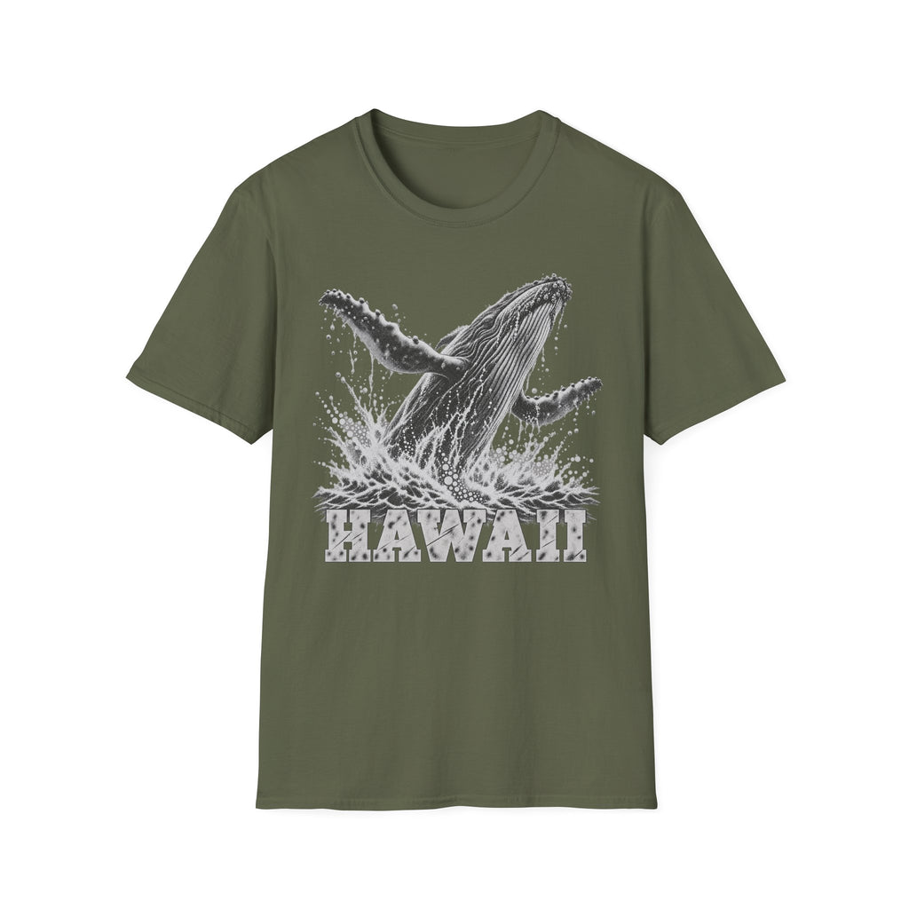 Olive green crewneck T-shirt with white breaching humpback whale and “HAWAII” graphic