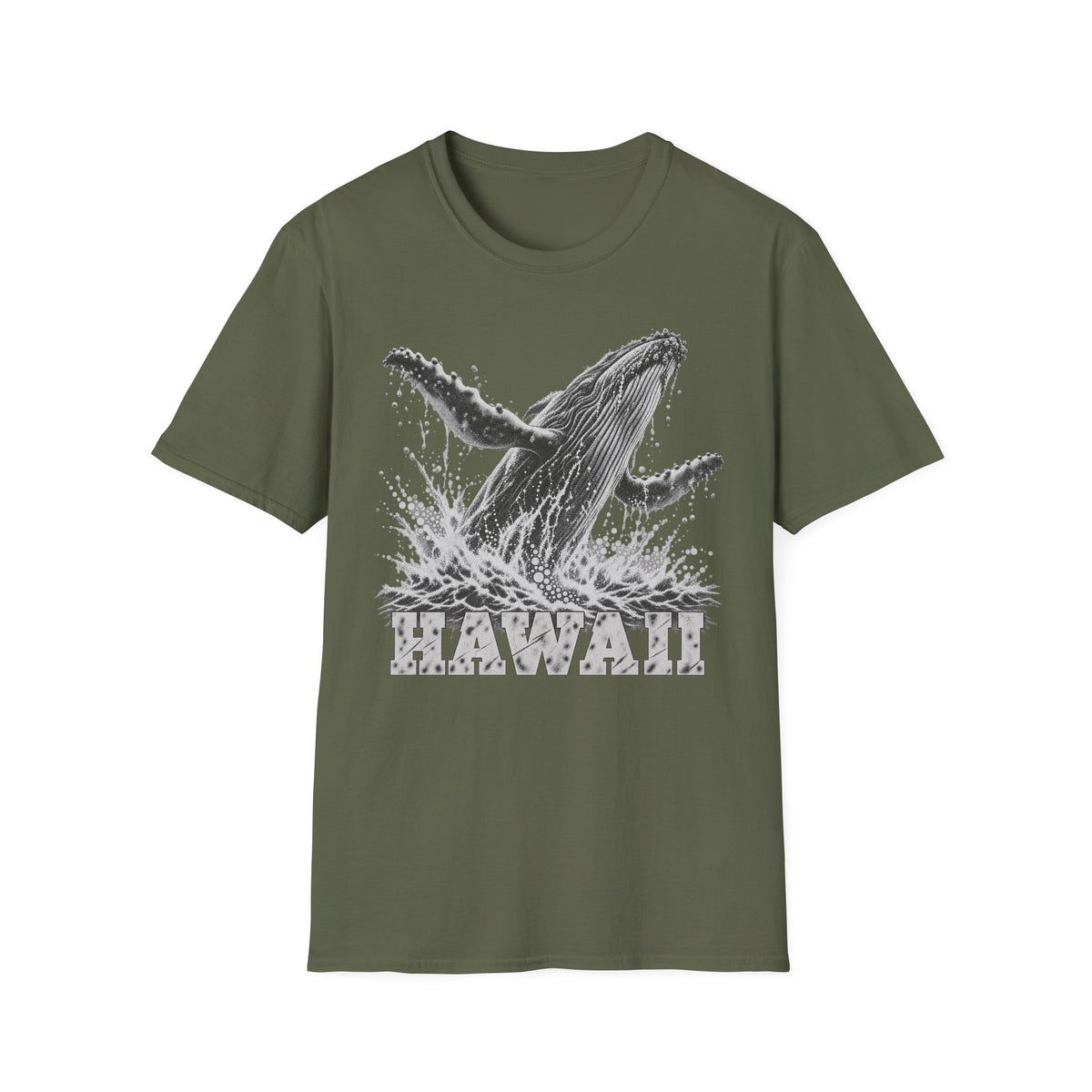 Olive green crewneck T-shirt with white breaching humpback whale and “HAWAII” graphic