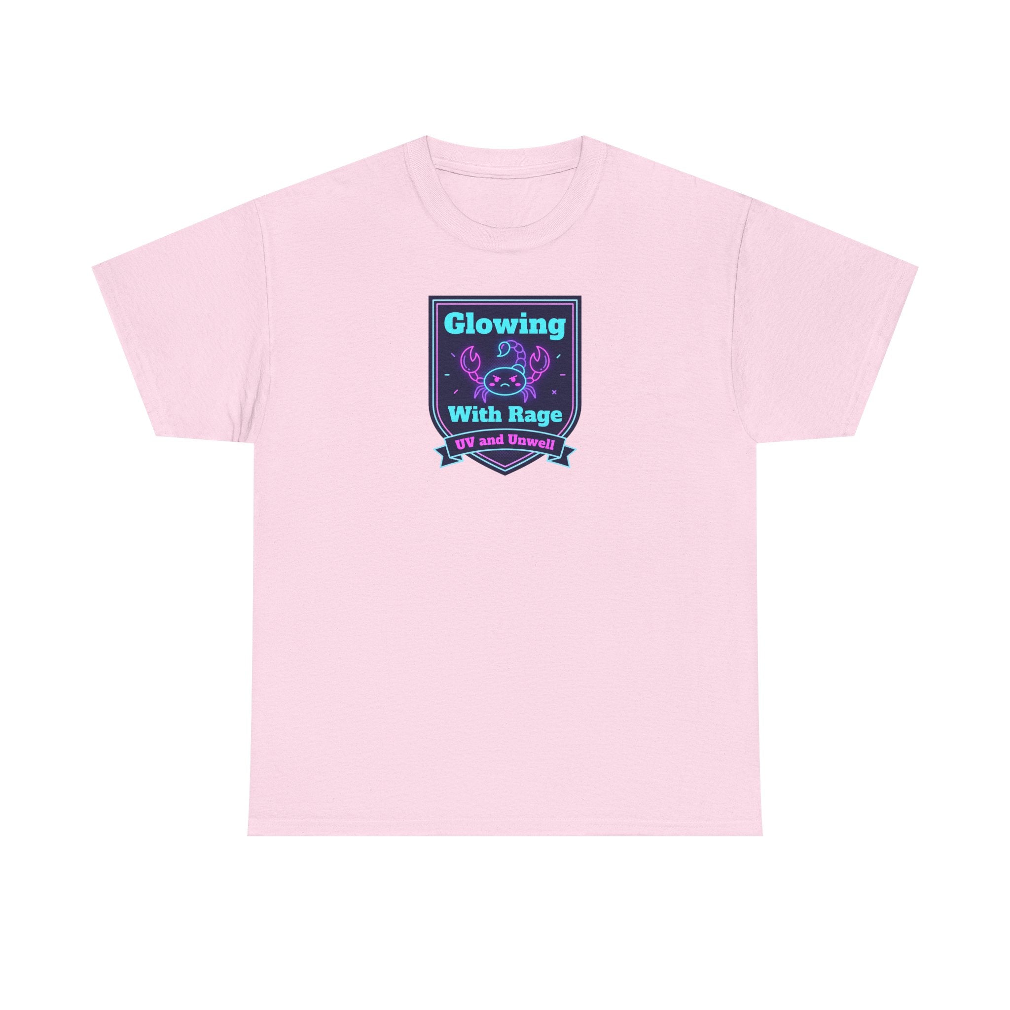 Light pink crewneck tee with glowing neon shield graphic on chest