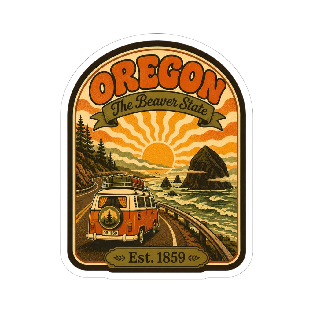 Oregon travel sticker with orange van scene, sunburst sky, and green banner details