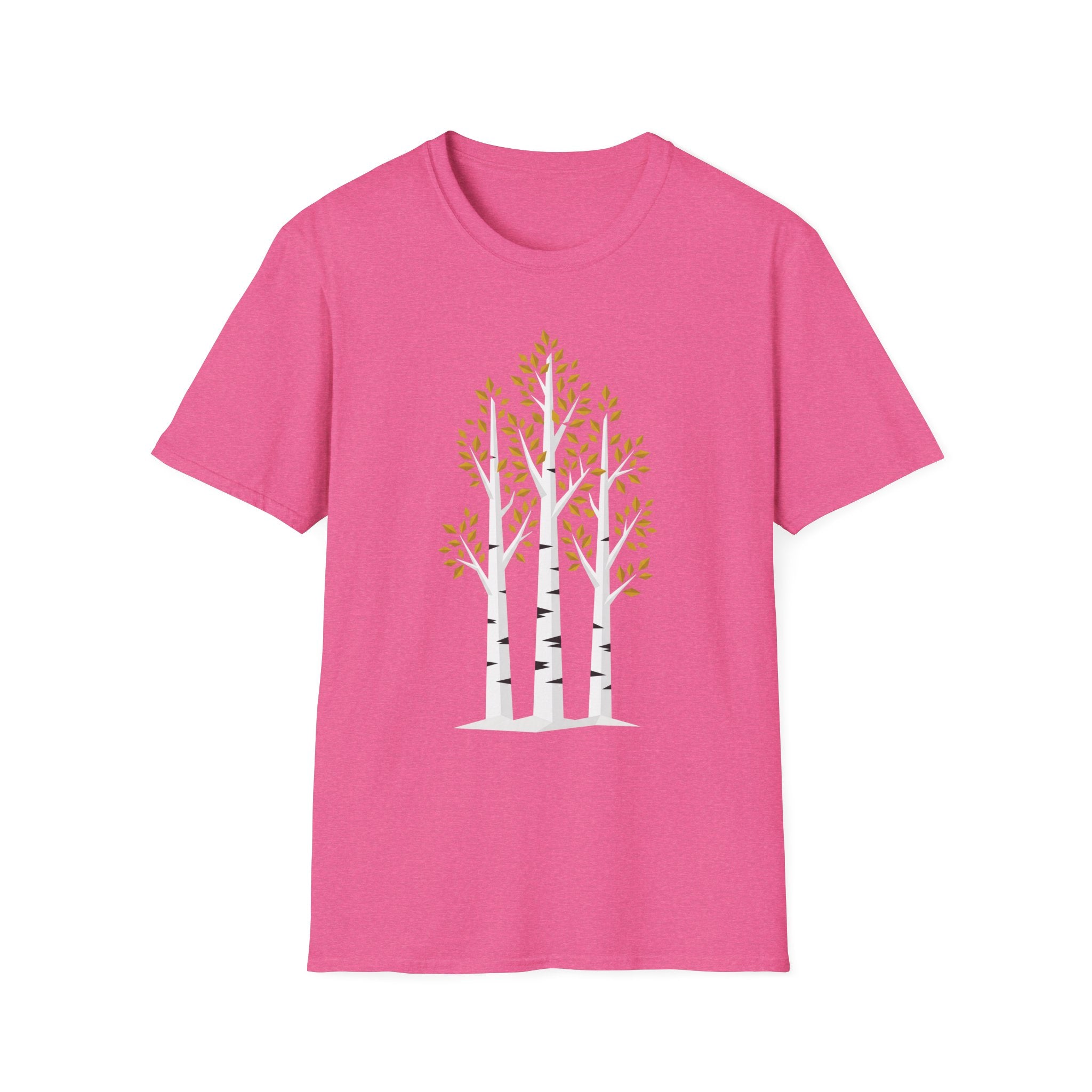 Rosa T‑Shirt mit Birkenwald-Illustration und Herbstblättern
