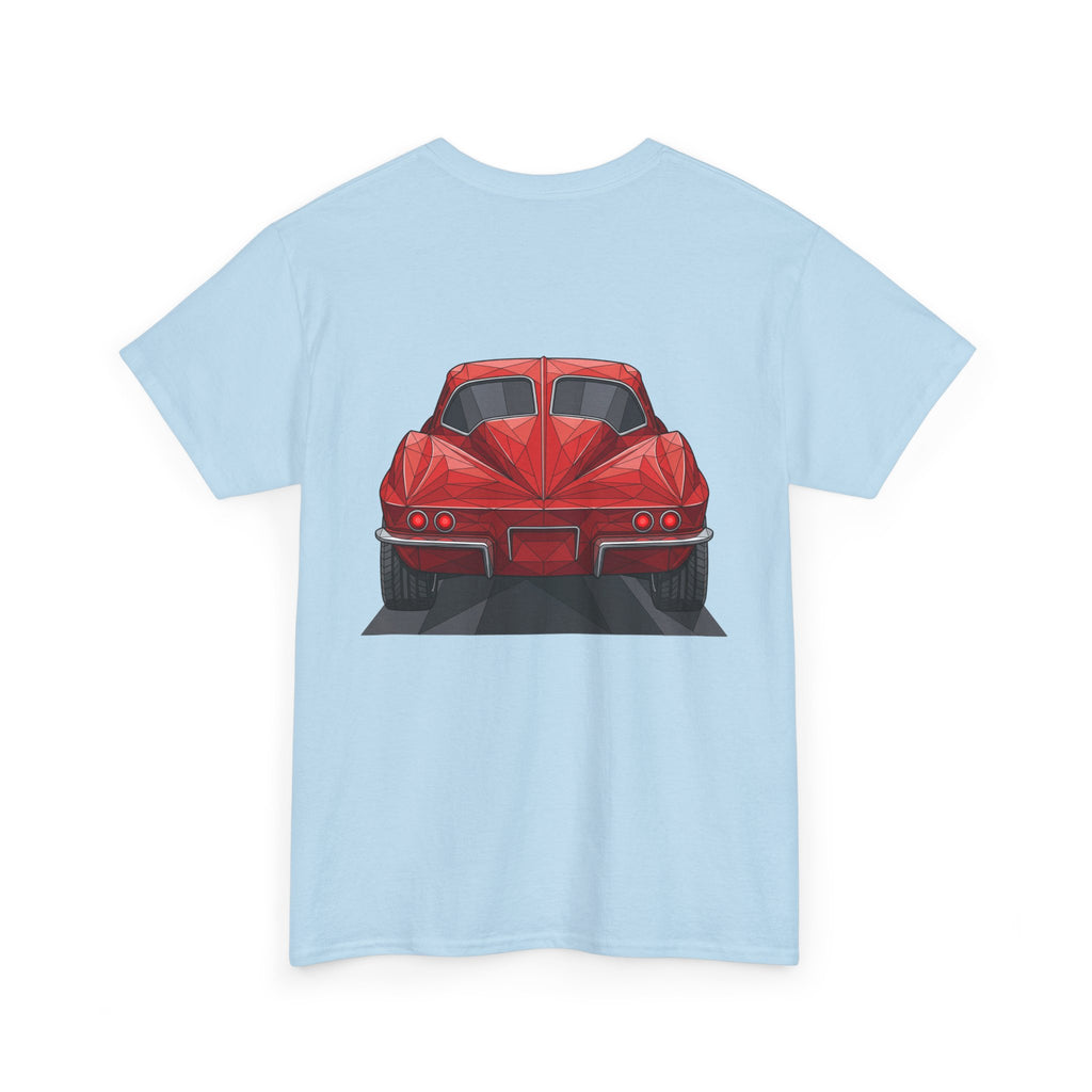 Graphic sports coupe T-shirt in light blue, rear view car print